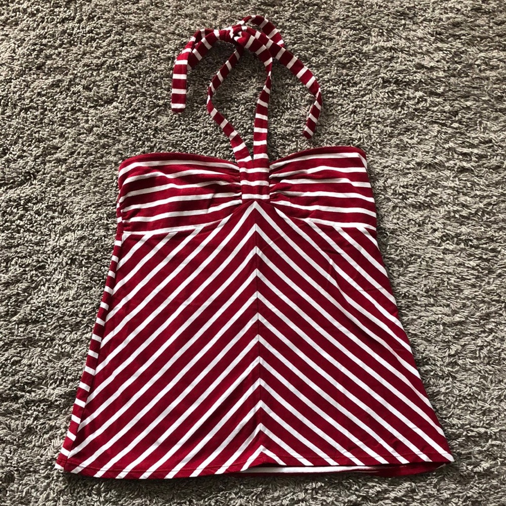 LOFT Red & White Striped Tank with Tie Neck